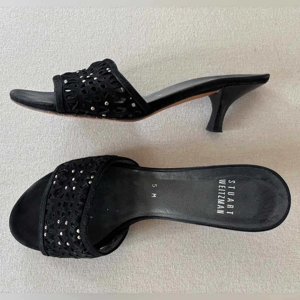 Stuart Weitzman kitten heels sandals black suede leather silver studs 5
